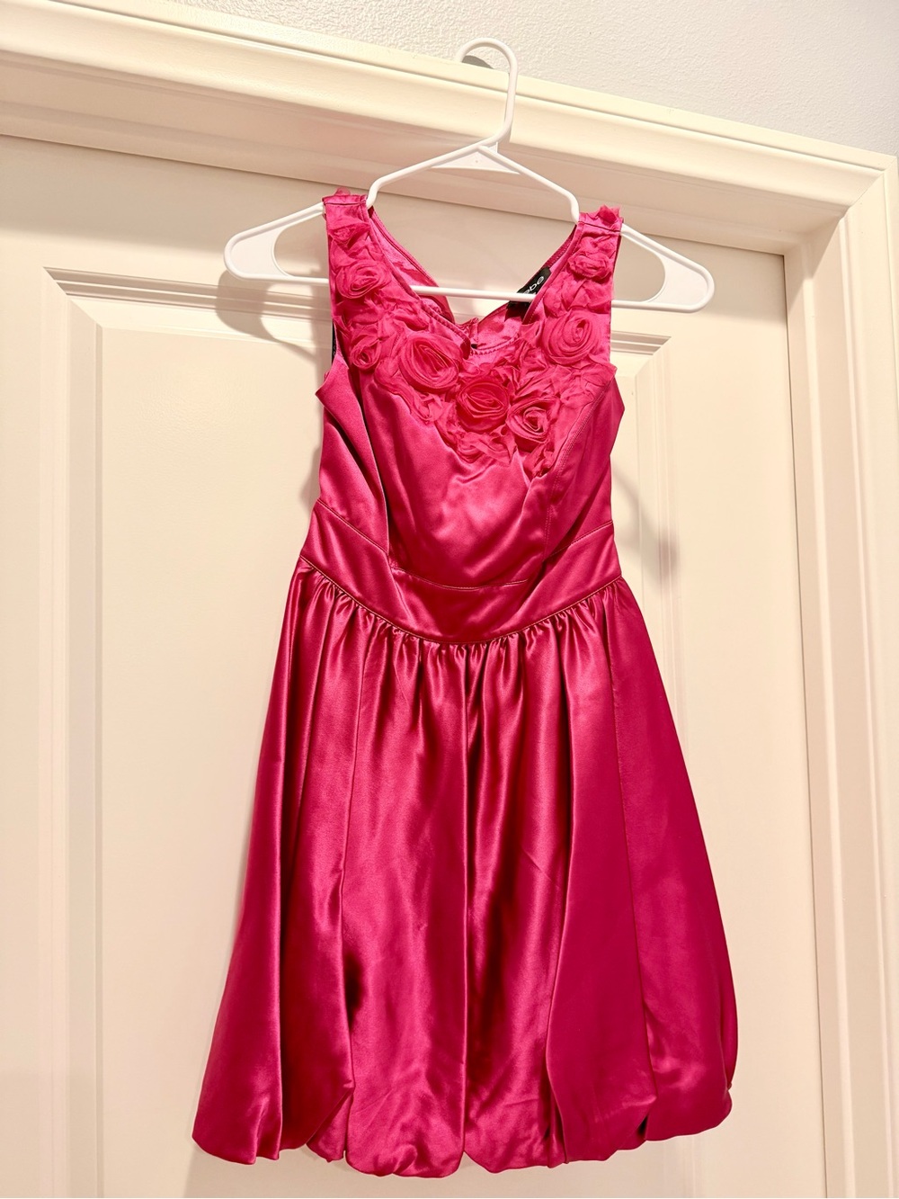 Bebe XXS Hot Pink Satin Rosette Bubble Hem Dress Y2K Party Cocktail